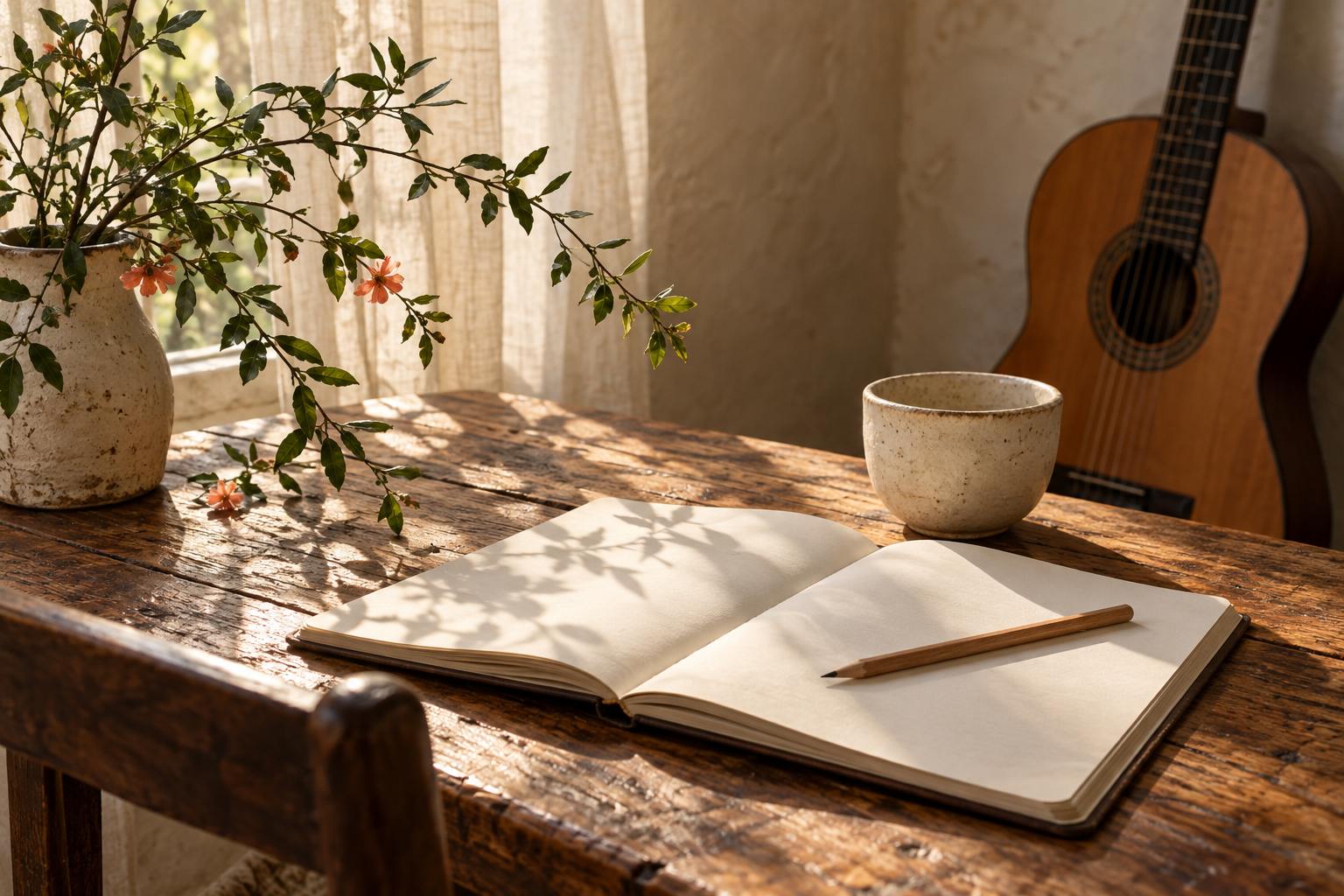 Un cuaderno abierto recibe luz natural sobre una mesa de madera, junto a flores y una guitarra
